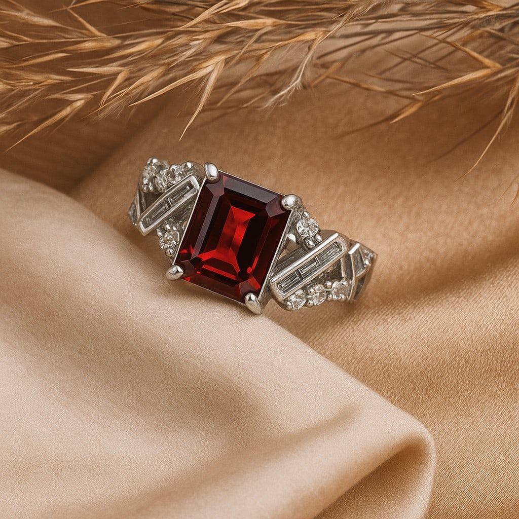 Natural Garnet Gemstone 92.5 Sterling Silver Adjustable Ring: Natural Garnet Gemstone 92.5 Sterling Silver Adjustable Ring Jewelry Type : Ring Gemstone : Garnet Gemstone Shape : Octagon Gemstone Size : 9x7 MM Metal : Sterling Silver Metal Purity :