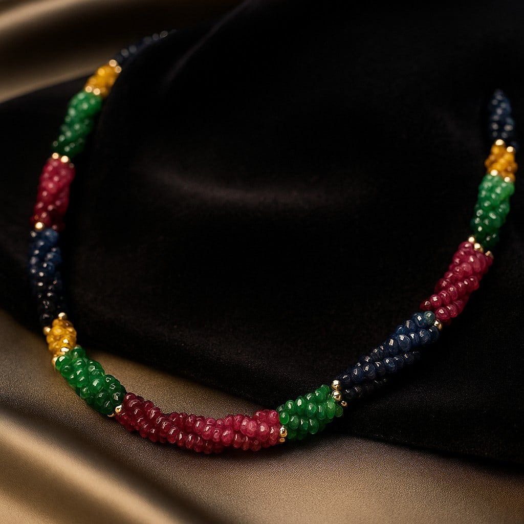 MULTI GEMSTONE ROUND SMOOTH BEADS NECKLACE 3 LINES: PRODUCT DESCRIPTION : NATURAL EMERALD, RUBY, SAPPHIRE GEMSTONE 4 MM ROUND SMMOTH BEADS 3 LINES ROLLED NECKLACE Product Type : Beads Necklace Gemstone : Emerald/Ruby/Sapphire Color : Mutlicolor Beads S