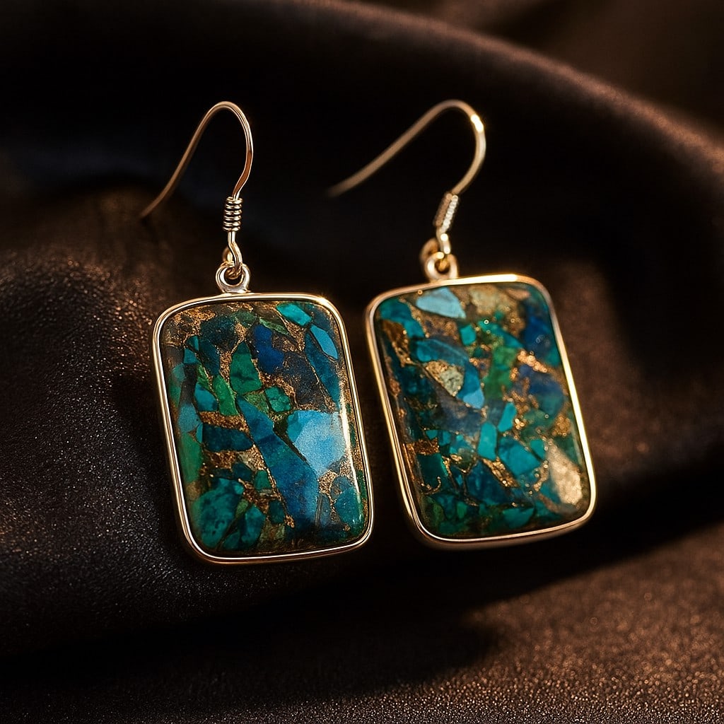 COPPER CHRYSOCOLLA 92.5 STERLING SILVER EARRING: COPPER CHRYSOCOLLA 92.5 STERLING SILVER EARRING Product Type : EARRING Main Stone : COPPER CHRYSOCOLLA Main Stone Shape : OCTAGON Main Stone Size : 32X23 MM Main Stone Color : MULTICOLOR Metal : STERL