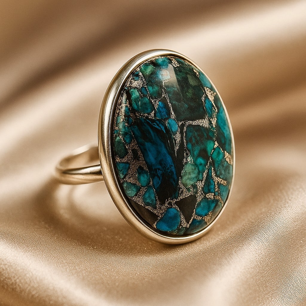 COPPER CHRYSOCOLLA 925 STERLING SILVER RING: COPPER CHRYSOCOLLA 925 STERLING SILVER RING Product Type : RING Main Stone : COPPER CHRYSOCOLLA Main Stone Shape : OVAL Main Stone Size : 27X22 MM Main Stone Color : MULTICOLOR Metal : STERLING SILVER