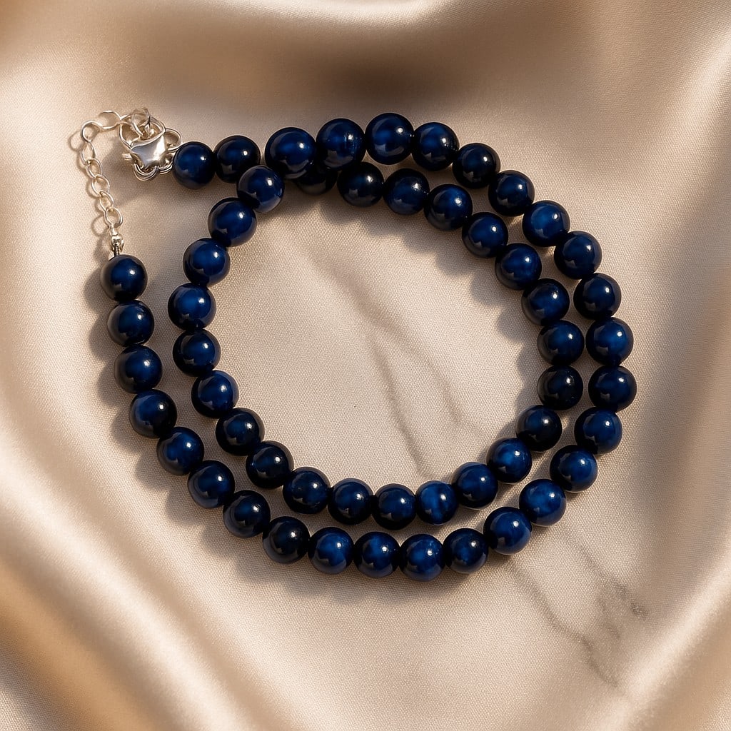 Natural Blue Tiger's Eye 8 MM Round Smooth Beads Necklace: Natural Blue Tiger's Eye 8 MM Round Smooth Beads Necklace Gemstone : Blue Tiger's Eye Shape : Round Beads Beads Size : 8 MM Beads Type : Smooth Necklace Length : 17.5 Inches + 2.5 Inches Adjustable