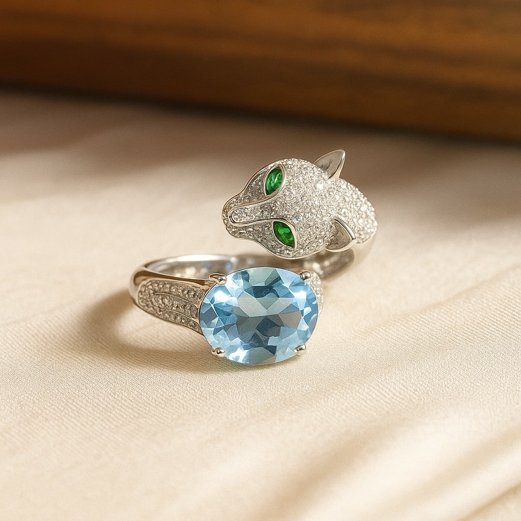 Natural Blue Topaz Gemstone 92.5 Sterling Silver Adjustable Ring (1 of 8)