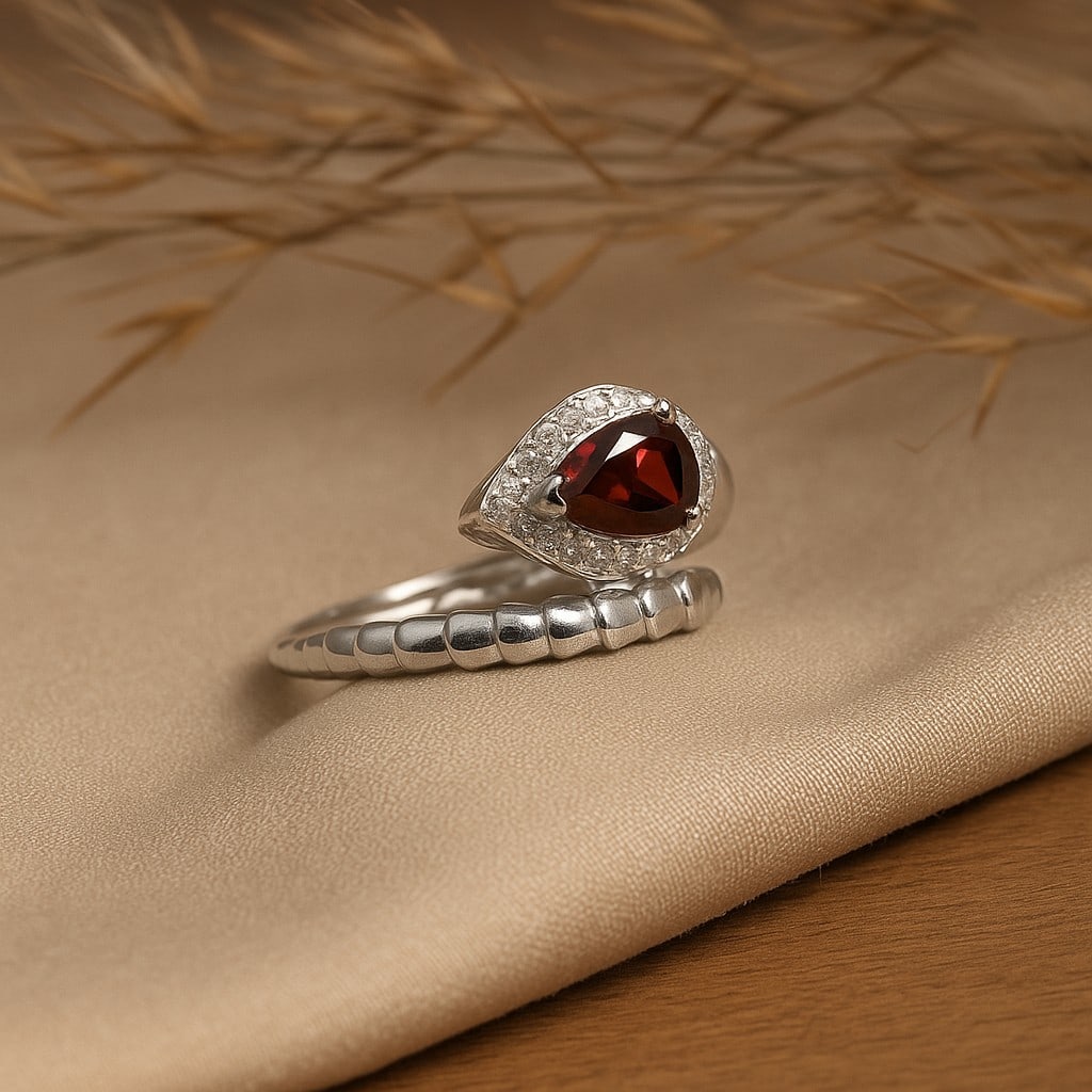 Natural Garnet Gemstone 92.5 Sterling Silver Adjustable Ring: Natural Garnet Gemstone 92.5 Sterling Silver Adjustable Ring Jewelry Type : Ring Gemstone : Garnet Gemstone Shape : Pear Gemstone Size : 7x5 MM Metal : Sterling Silver Metal Purity : 92.