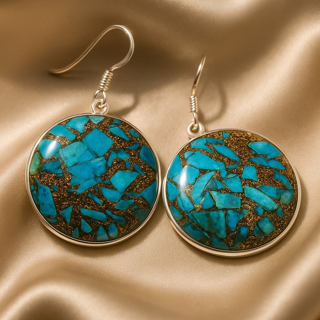 COPPER TURQUOISE 92.5 STERLING SILVER EARRING: COPPER TURQUOISE 92.5 STERLING SILVER EARRING Product Type : EARRING Main Stone : COPPER TURQUOISE Main Stone Shape : ROUND Main Stone Size : 36X36 MM Main Stone Color : BLUE Metal : STERLING SILVER M