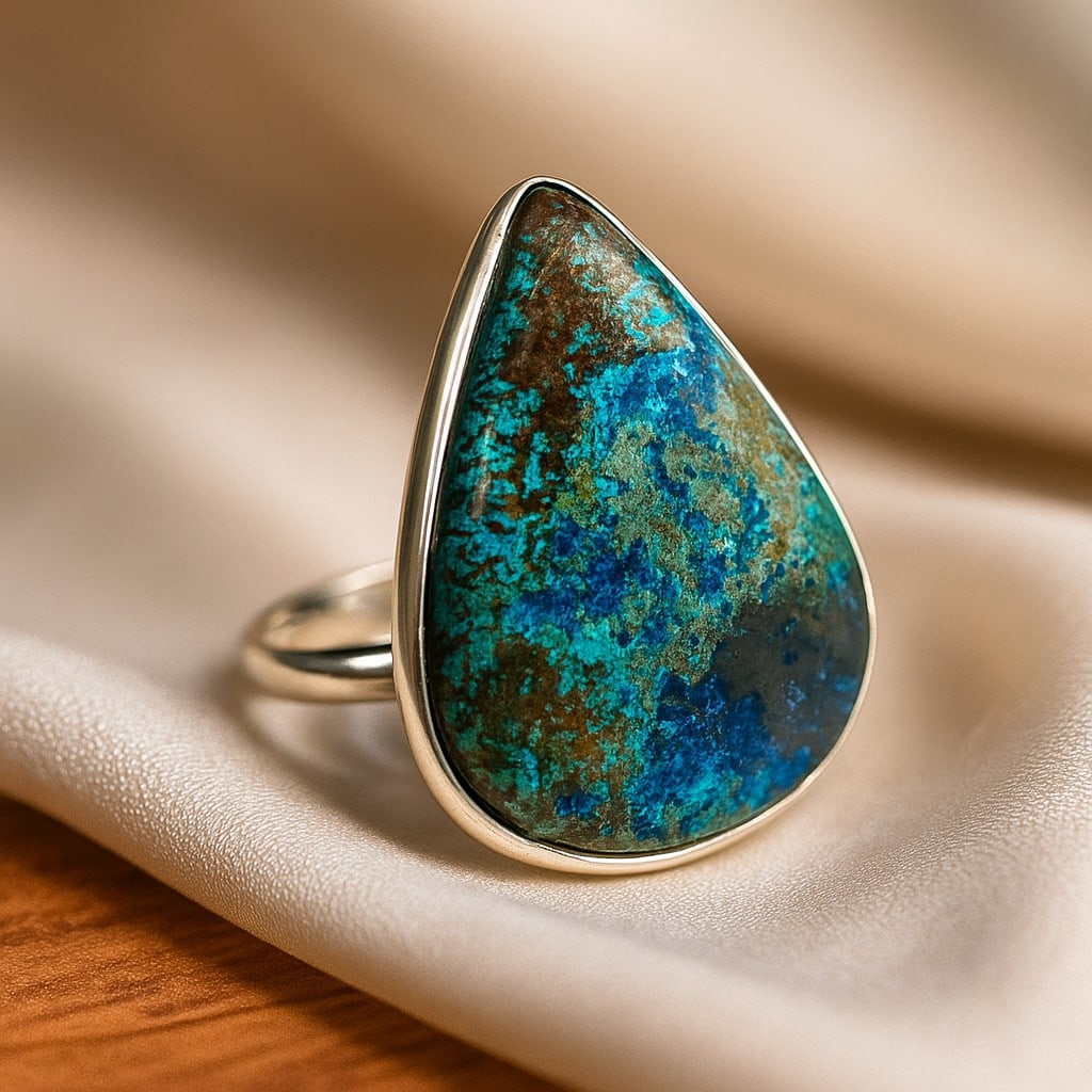CHRYSOCOLLA 925 STERLING SILVER RING: CHRYSOCOLLA 925 STERLING SILVER RING Product Type : RING Main Stone : CHRYSOCOLLA Main Stone Shape : PEAR Main Stone Size : 30X25 MM Main Stone Color : MULTICOLOR Metal : STERLING SILVER Metal Purity 