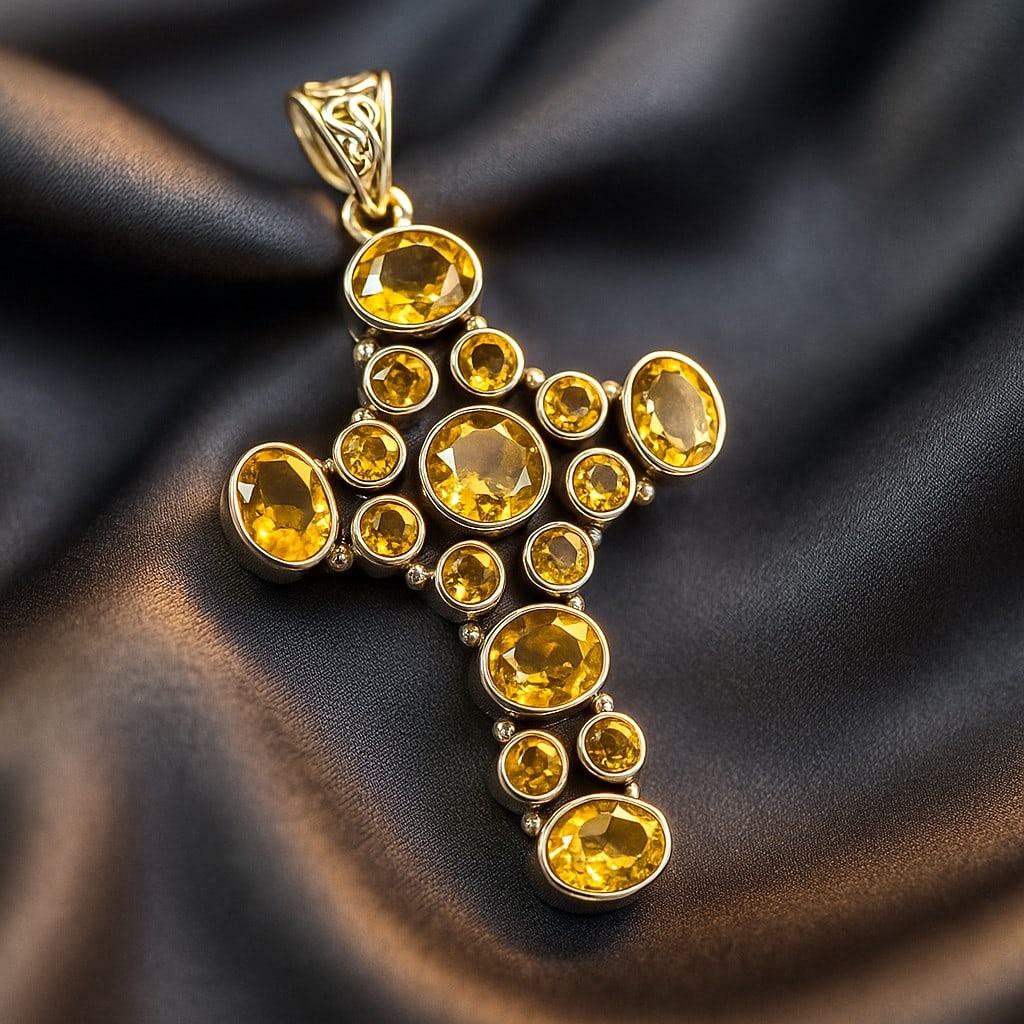 CITRINE CROSS CHARM 92.5 STERLING SILVER PENDANT: CITRINE CROSS CHARM 92.5 STERLING SILVER PENDANT Product Type : PENDANT Main Stone : CITRINE Main Stone Color : YELLOW Metal : STERLING SILVER Metal Purity : 925 Pendant Size : 2.1" Inches Pendant Wei