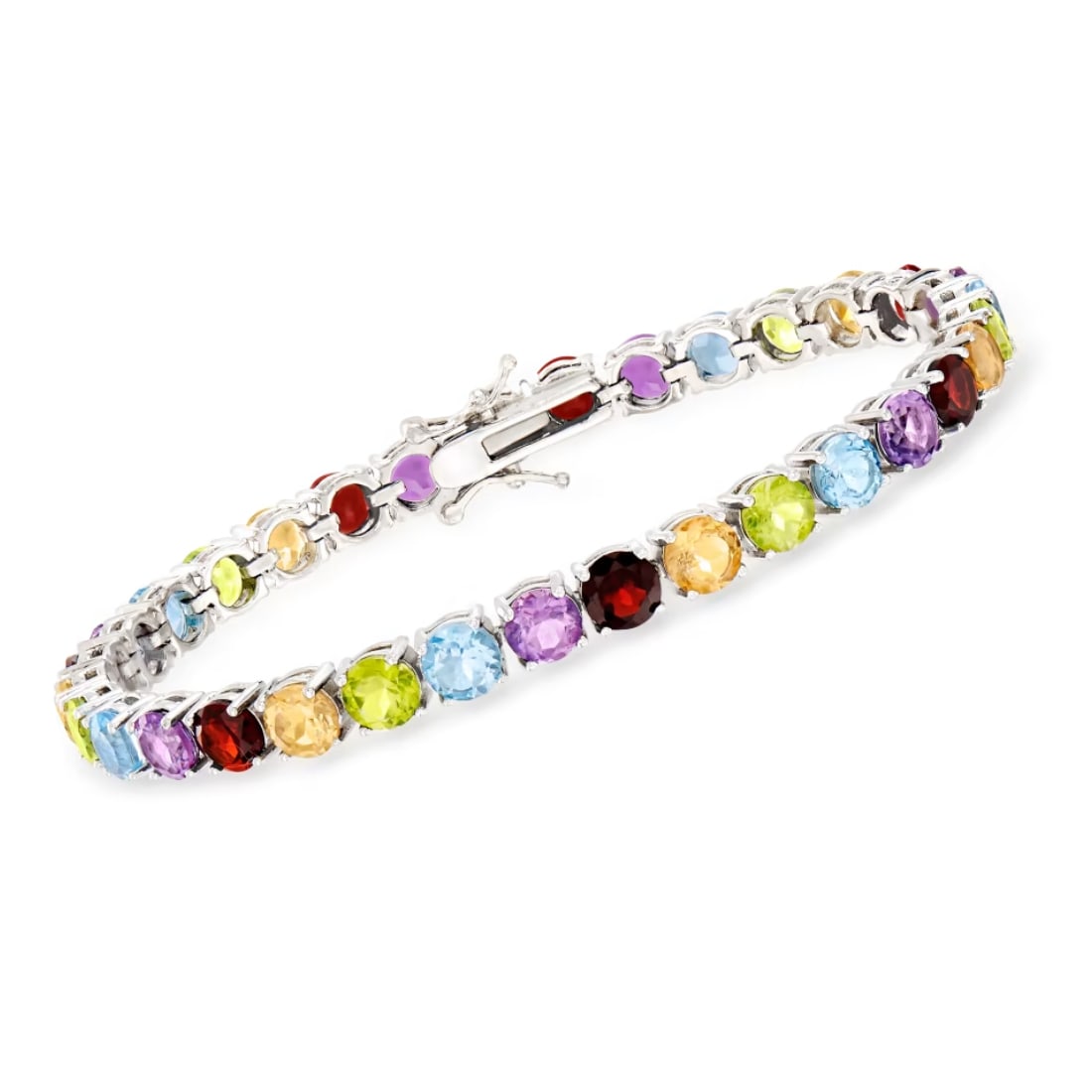 Multi Gemstone 925 Sterling Silver Tennis Bracelet: Multi Gemstone 925 Sterling Silver Tennis Bracelet Jewelry Type : Bracelet Main Stone : Amethyst, Peridot, Citrine, Blue Topaz, Garnet Main Stone Shape and Size : Round 5 MM Main Stone Color : Multico
