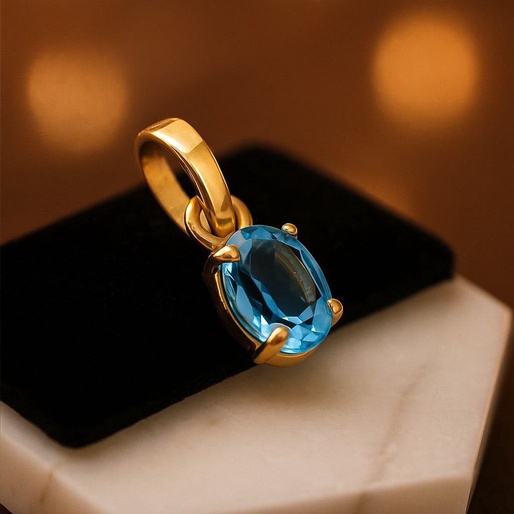 NATURAL BLUE TOPAZ GEMSTONE 14KT YELLOW GOLD HANDMADE PENDANT JEWELRY: NATURAL BLUE TOPAZ GEMSTONE 14KT YELLOW GOLD HANDMADE PENDANT JEWELRY GEMSTONE : BLUE TOPAZ STONE SHAPE : OVAL STONE SIZE : 7X5 MM STONE WEIGHT : 0.95 CTS METAL : YELLOW GOLD METAL PURITY : 14 K