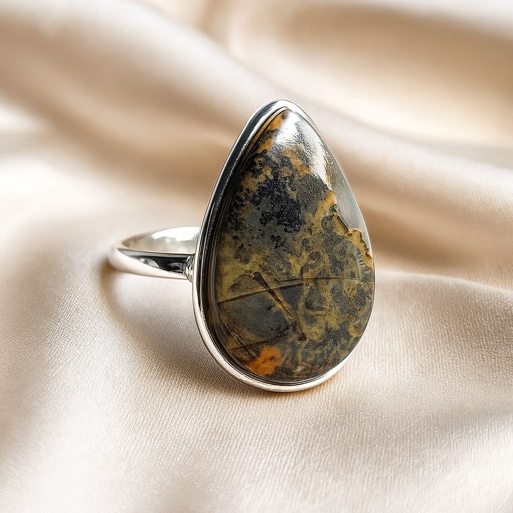 MALIGANO JASPER 925 STERLING SILVER RING: MALIGANO JASPER 925 STERLING SILVER RING Product Type : RING Main Stone : MALIGANO JASPER Main Stone Shape : PEAR Main Stone Size : 25X11 MM Main Stone Color : MULTICOLOR Metal : STERLING SILVER