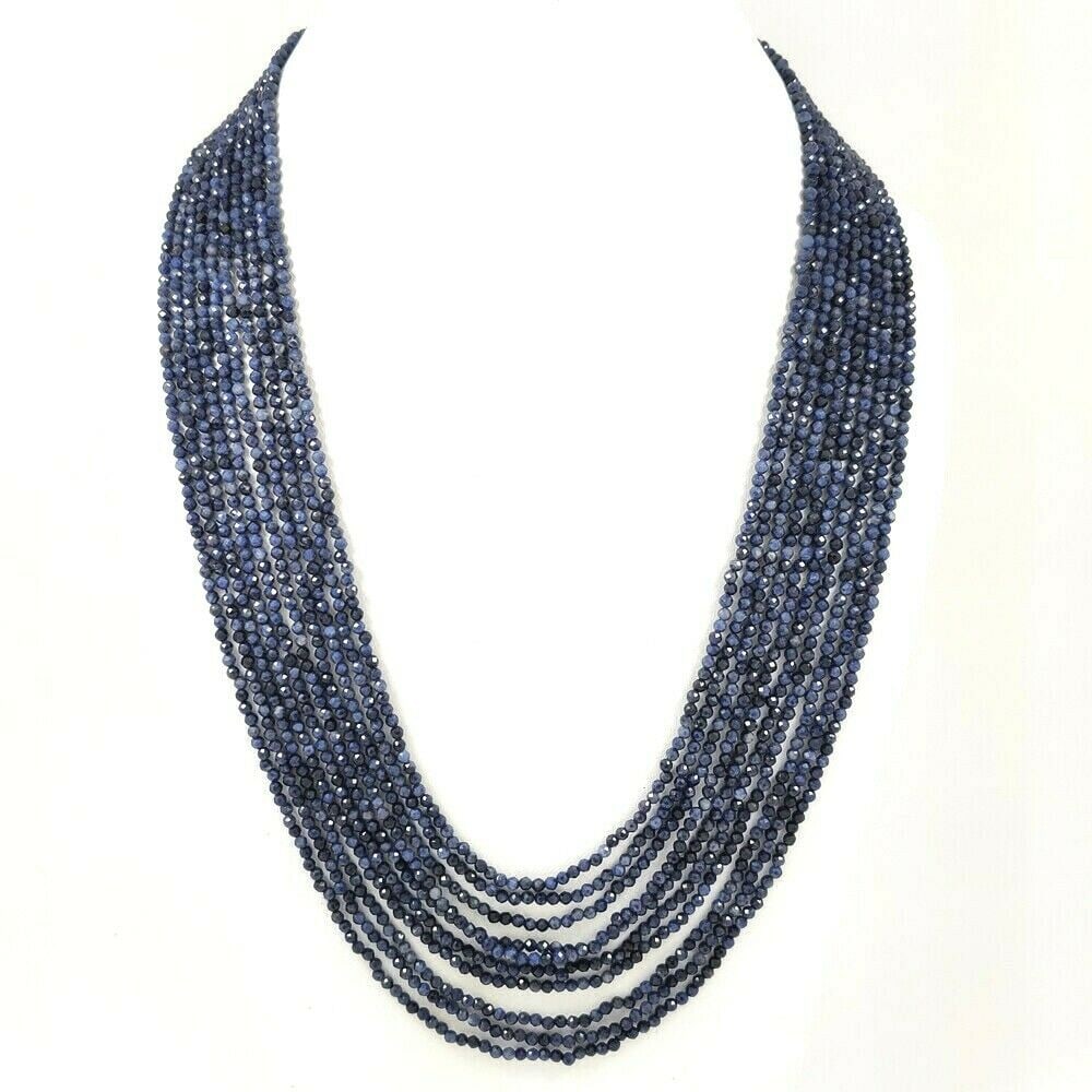 BLUE SAPPHIRE FACETED BEADS NECKLACE 10 STRAND: PRODUCT DESCRIPTION - NATURAL BLUE SAPPHIRE GEMSTONE 2.5 MM FACETED BEADS NECKLACE 10 STRAND Product Type : Beads Necklace Gemstone : Blue Sapphire Color : Blue Beads Shape : Round Faceted Cut Beads S
