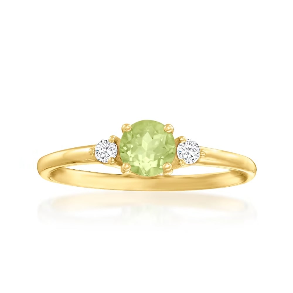 Peridot & Diamond Gemstone 14k Yellow Gold Ring: Peridot & Diamond Gemstone 14k Yellow Gold Ring Jewelry Type : Ring Main Stone : Peridot & Diamond Main Stone Shape and Size : Round 5 MM (1 Piece) , Round 1.5 MM (2 Pieces) Main Stone Color : Green M