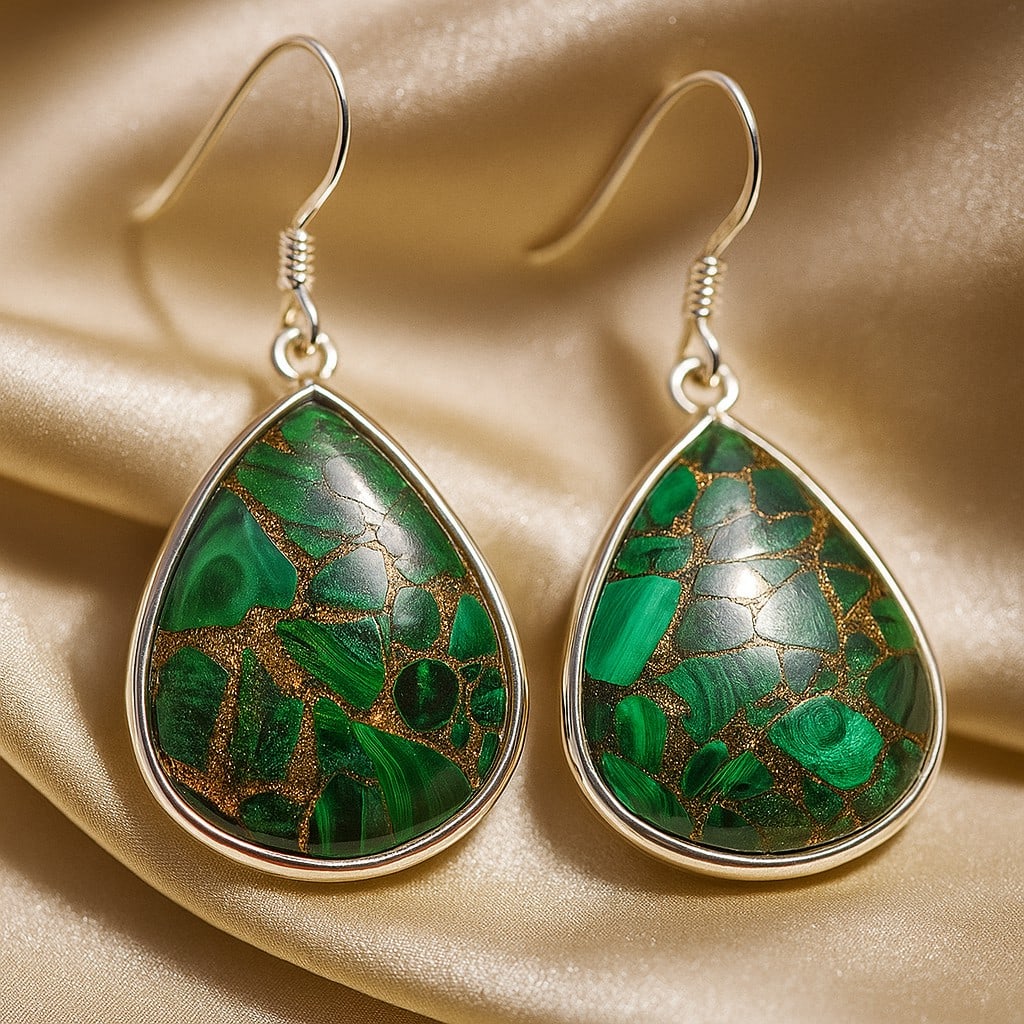 COPPER MALACHITE 92.5 STERLING SILVER EARRING: COPPER MALACHITE 92.5 STERLING SILVER EARRING Product Type : EARRING Main Stone : COPPER MALACHITE Main Stone Shape : PEAR Main Stone Size : 25X23 MM Main Stone Color : GREEN Metal : STERLING SILVER M