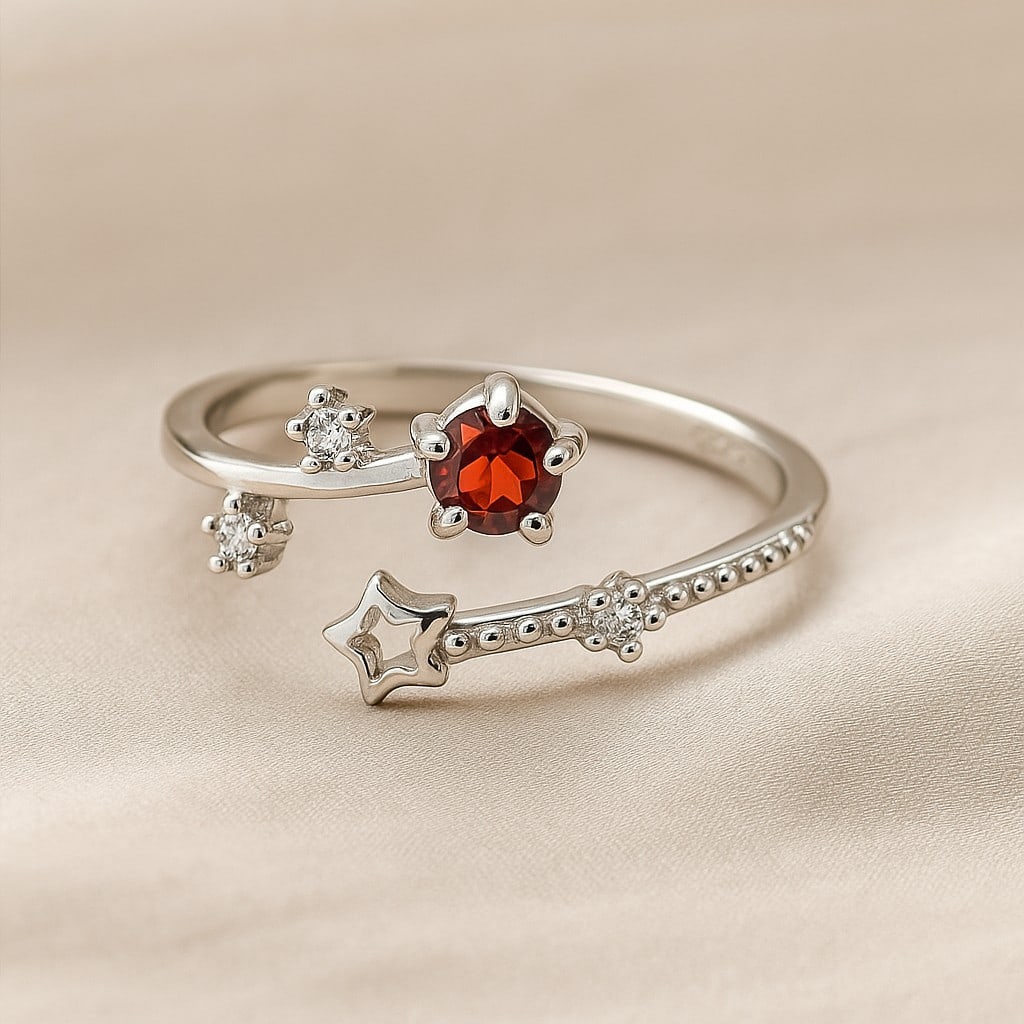 Natural Garnet Gemstone 92.5 Sterling Silver Adjustable Ring: Natural Garnet Gemstone 92.5 Sterling Silver Adjustable Ring Jewelry Type : Ring Gemstone : Garnet Gemstone Shape : Round Gemstone Size : 4 MM Metal : Sterling Silver Metal Purity : 92.5