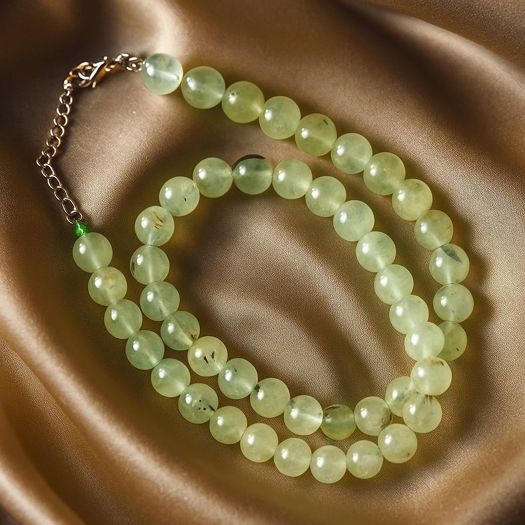 Natural Prehnite 8 MM Round Smooth Beads Necklace: Natural Prehnite 8 MM Round Smooth Beads Necklace Gemstone : Prehnite Shape : Round Beads Beads Size : 8 MM Beads Type : Smooth Necklace Length : 17.5 Inches + 2.5 Inches Adjustable Chain