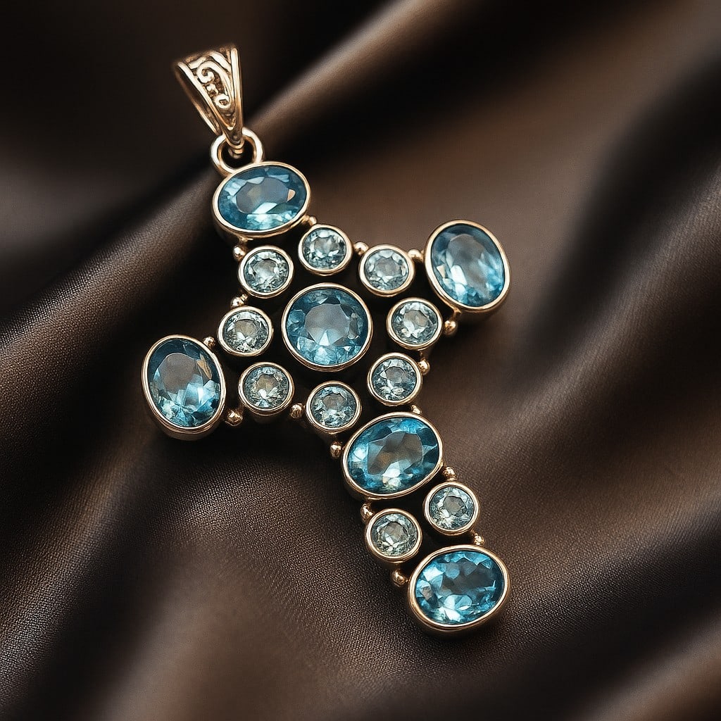 BLUE TOPAZ CROSS CHARM 92.5 STERLING SILVER PENDANT: BLUE TOPAZ CROSS CHARM 92.5 STERLING SILVER PENDANT Product Type : PENDANT Main Stone : SWISS BLUE TOPAZ Main Stone Color : BLUE Metal : STERLING SILVER Metal Purity : 925 Pendant Size : 2.1" Inches P