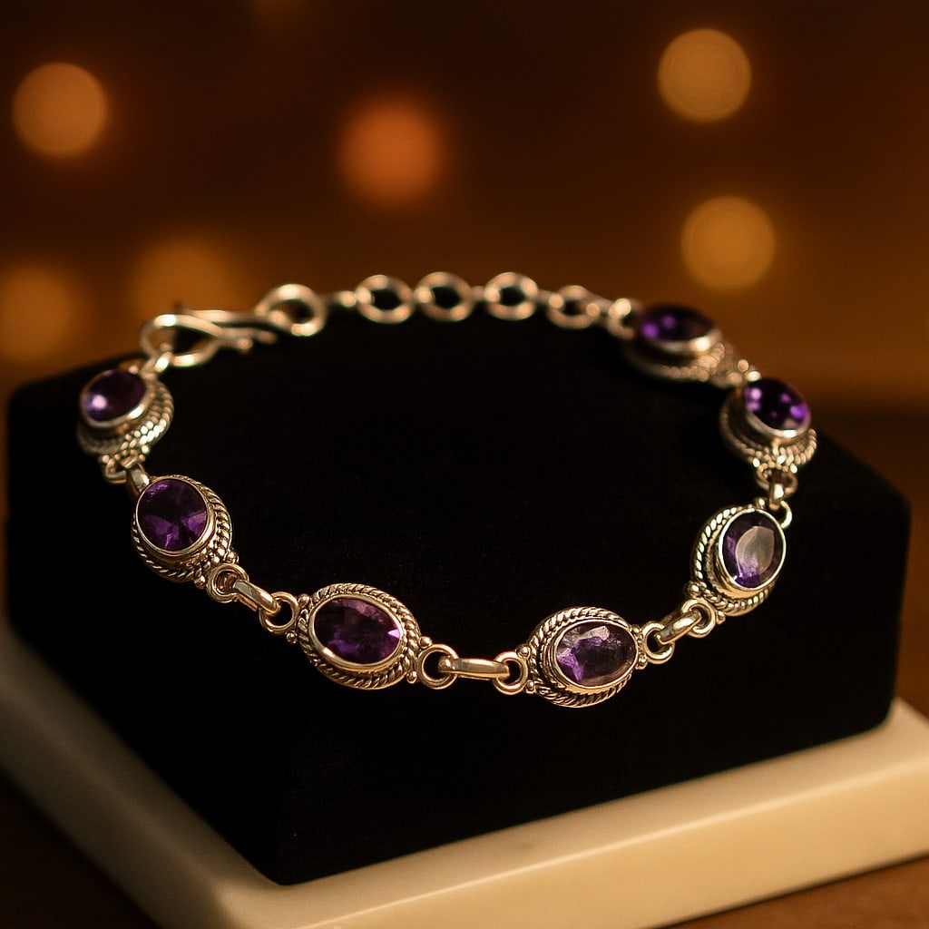 AMETHYST 92.5 STERLING SILVER BRACELET: AMETHYST 92.5 STERLING SILVER BRACELET Product Type : BRACELET Main Stone : AMETHYST Main Stone Shape : OVAL Main Stone Size : 7X5 MM Main Stone Color : PURPLE Metal : STERLING SILVER Metal Purity : 9