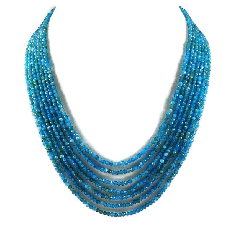 Apatite 3 MM Round Faceted Beads Necklace 7 Strand: Natural Apatite Gemstone 3 MM Round Micro Faceted Cut 7 Strand Beads Necklace Product Type : Beads Necklace Gemstone : Apatite Color : Blue Beads Shape : Round Faceted Cut Beads Size : 3 MM Necklace S