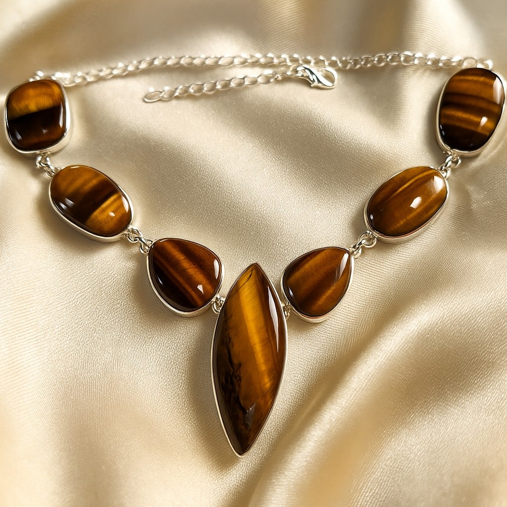 TIGER'S EYE GEMSTONE 92.5 STERLING SILVER HANDAMDE NECKLACE: TIGER'S EYE GEMSTONE 92.5 STERLING SILVER HANDAMDE NECKLACE Product Type : NECKLACE Main Stone : TIGER'S EYE Main Stone Shape : MIX Main Stone Size : MIX Main Stone Color : BROWN Metal : STERLING SILV