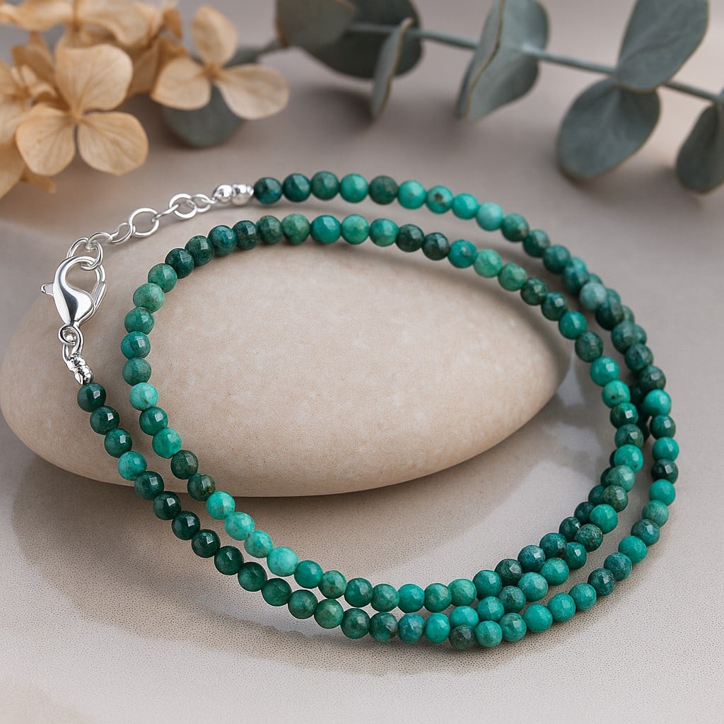 Natural Chrysocolla Gemstone 3 MM Round Micro Faceted Beads Necklace: Natural Chrysocolla Gemstone 3 MM Round Micro Faceted Beads Necklace Gemstone : Chrysocolla Shape : Round Beads Beads Size : 3 MM Beads Type : Micro Faceted Necklace Length : 17.5 Inches + 2.5 Inc