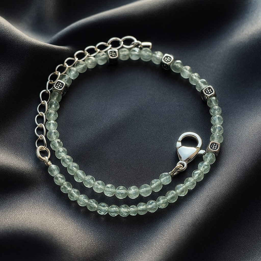 Natural Prehnite Micro Faceted Beads Bracelet: Natural Prehnite Gemstone Round Micro Faceted Beads Bracelet Jewelry Type : Bracelet Gemstone : Prehnite Gemstone Shape and Size : Round 3 MM Bracelet Length : 6.5+2 Inches Extra Adjustable Chain