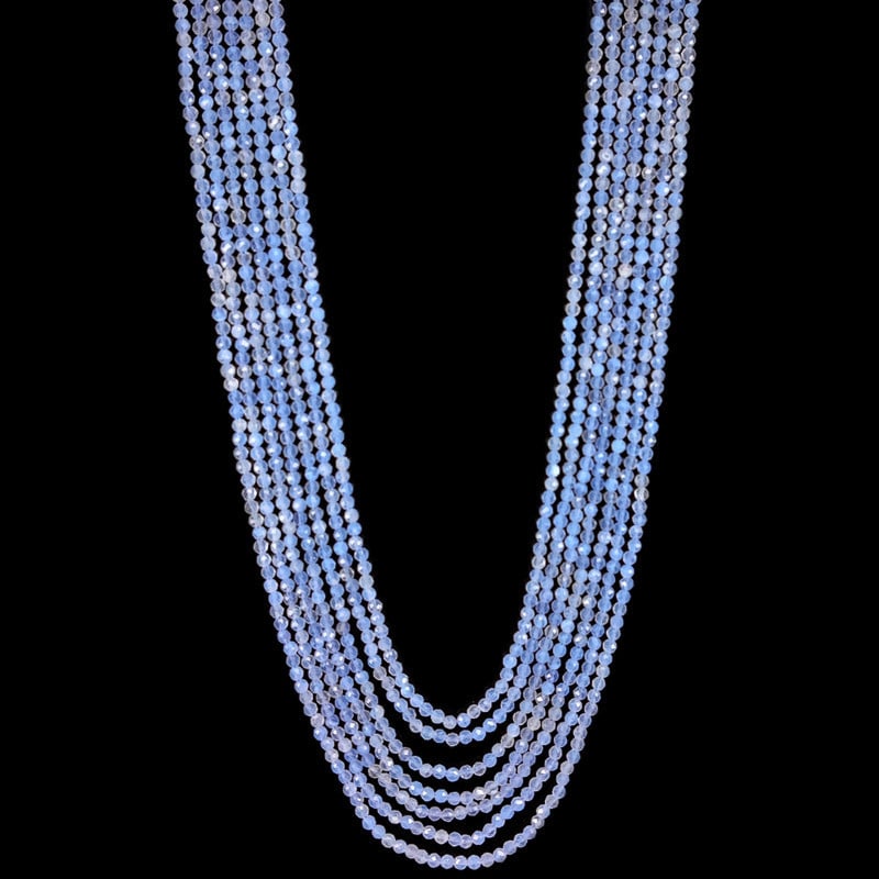 Blue Lace Agate 3 MM Round Faceted Beads Necklace 7 Strand: Natural Blue Lace Agate Gemstone 3 MM Round Micro Faceted Cut 7 Strand Beads Necklace Product Type : Beads Necklace Gemstone : Blue Lace Agate Color : Blue Beads Shape : Round Faceted Cut Beads Size :