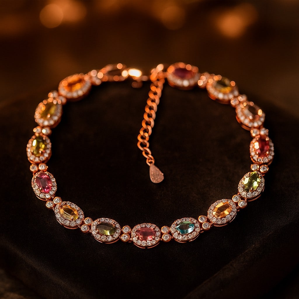 Natural Multi Tourmaline 925 Sterling Silver Bracelet: Natural Multi Tourmaline Gemstone Rose Gold Plated 925 Sterling Silver Bracelet Jewelry Type : Bracelet Gemstone : Multi Tourmaline Metal Purity : 925 Sterling Silver Metal Plated : 18K Rose Gold