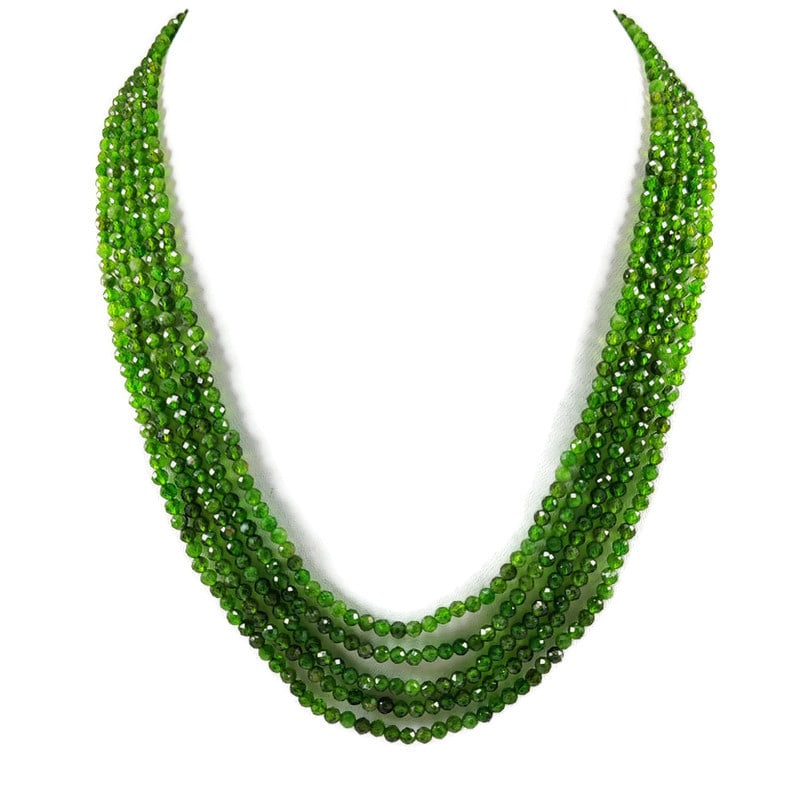 Chrome Diopside 3 MM Round Faceted Beads Necklace 5 Strand: Natural Chrome Diopside Gemstone 3 MM Round Micro Faceted Cut 5 Strand Beads Necklace Product Type : Beads Necklace Gemstone : Chrome Diopside Color : Green Beads Shape : Round Faceted Cut Beads Size 