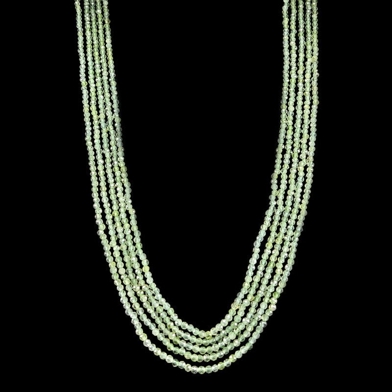 Prehnite 3 MM Round Faceted Beads Necklace 5 Strand: Natural Prehnite Gemstone 3 MM Round Micro Faceted Cut 5 Strand Beads Necklace Product Type : Beads Necklace Gemstone : Prehnite Color : Green Beads Shape : Round Faceted Cut Beads Size : 3 MM Necklac