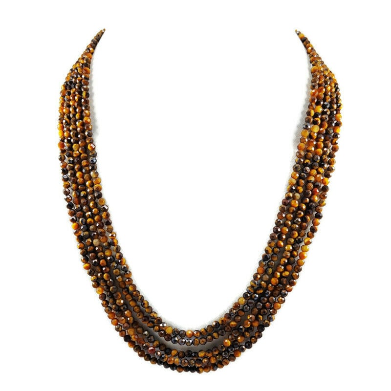Tiger's Eye 3 MM Round Faceted Beads Necklace 5 Strand: Natural Tiger's Eye Gemstone 3 MM Round Micro Faceted Cut 5 Strand Beads Necklace Product Type : Beads Necklace Gemstone : Tiger's Eye Color : Brown Beads Shape : Round Faceted Cut Beads Size : 3 MM N