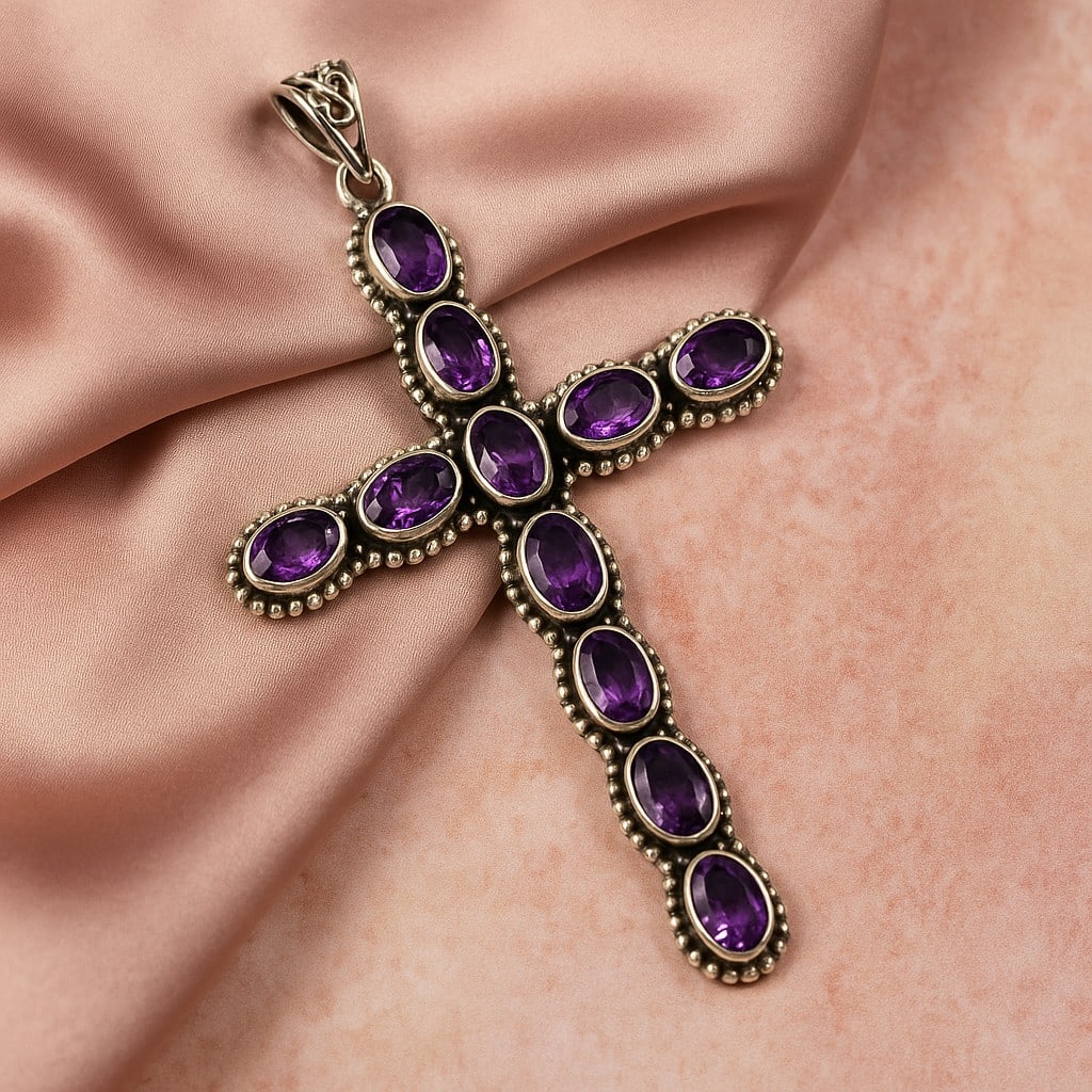 AMETHYST CROSS CHARM 92.5 STERLING SILVER PENDANT: AMETHYST CROSS CHARM 92.5 STERLING SILVER PENDANT Product Type : PENDANT Main Stone : AMETHYST Main Stone Color : PURPLE Metal : STERLING SILVER Metal Purity : 925 Pendant Size : 3" Inches Pendant Wei