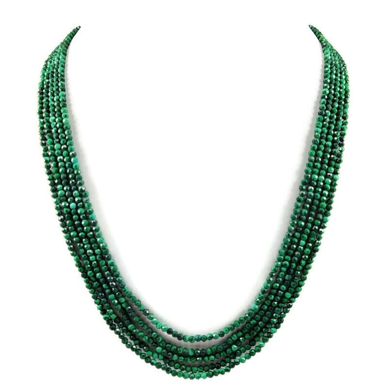 Malachite 3 MM Round Faceted Beads Necklace 5 Strand: Natural Malachite Gemstone 3 MM Round Micro Faceted Cut 5 Strand Beads Necklace Product Type : Beads Necklace Gemstone : Malachite Color : Green Beads Shape : Round Faceted Cut Beads Size : 3 MM Neckl