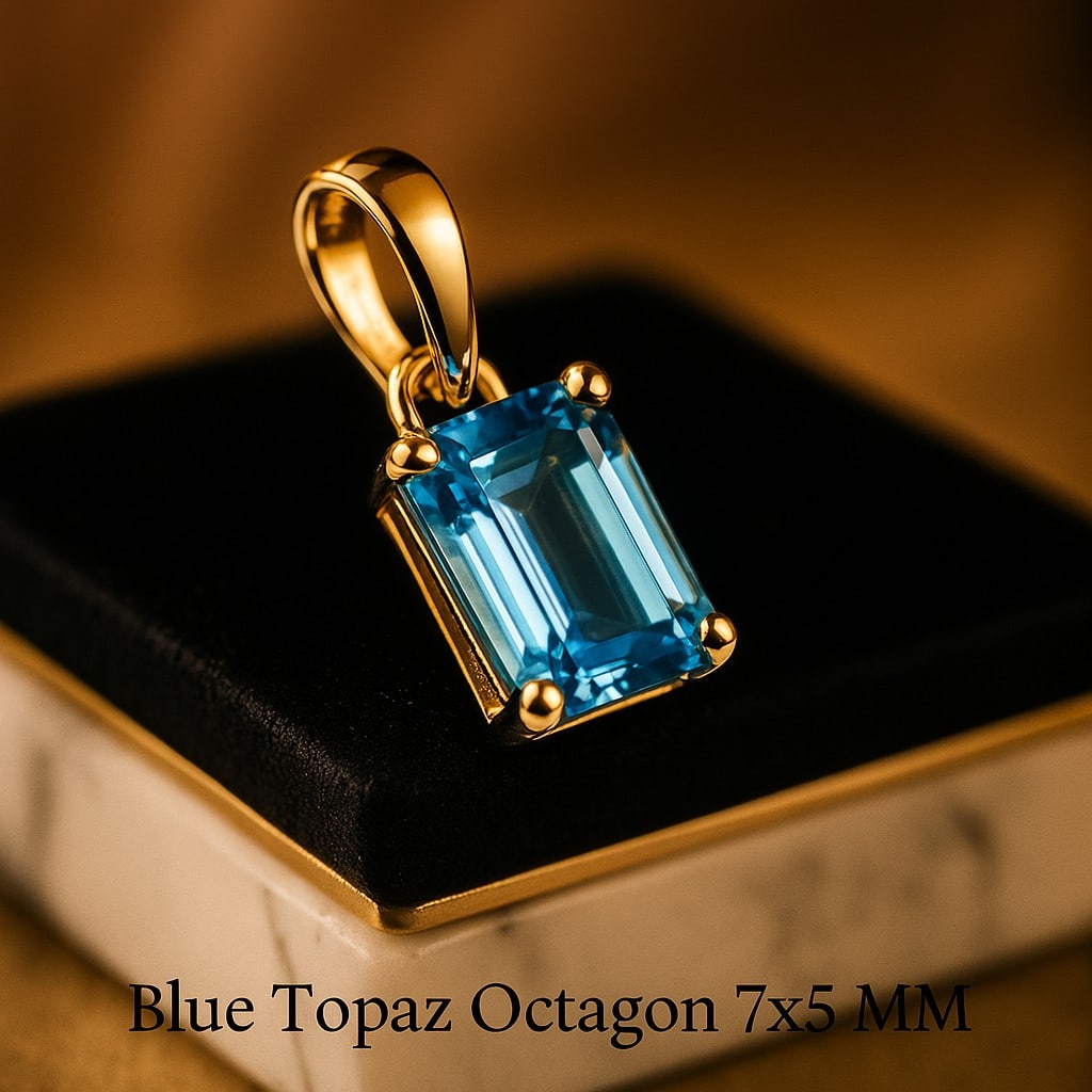 NATURAL BLUE TOPAZ GEMSTONE 14KT YELLOW GOLD HANDMADE PENDANT JEWELRY: NATURAL BLUE TOPAZ GEMSTONE 14KT YELLOW GOLD HANDMADE PENDANT JEWELRY GEMSTONE : BLUE TOPAZ STONE SHAPE : OCTAGON STONE SIZE : 7X5 MM STONE WEIGHT : 0.95 CTS METAL : YELLOW GOLD METAL PURITY : 1