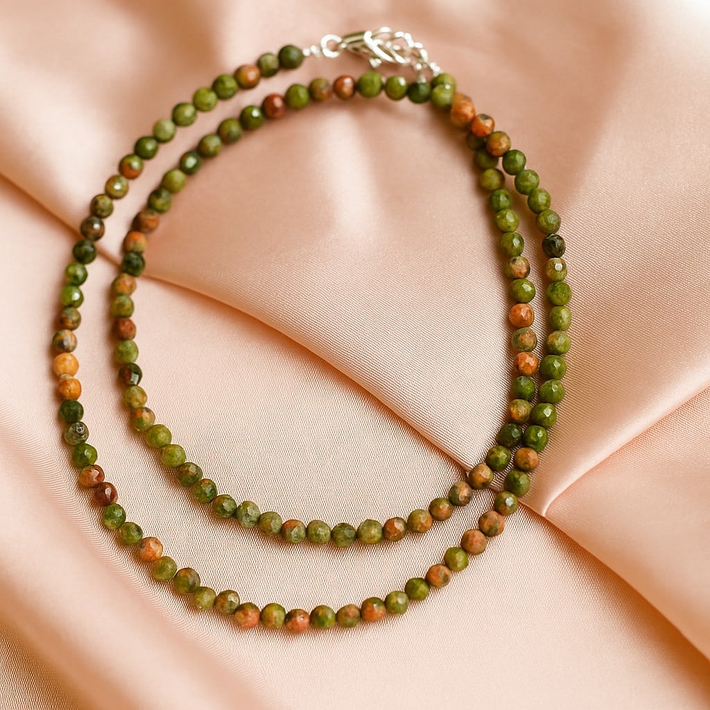 Natural Unakite Gemstone 3 MM Round Micro Faceted Beads Necklace: Natural Unakite Gemstone 3 MM Round Micro Faceted Beads Necklace Gemstone : Unakite Shape : Round Beads Beads Size : 3 MM Beads Type : Micro Faceted Necklace Length : 17.5 Inches + 2.5 Inches Adjus