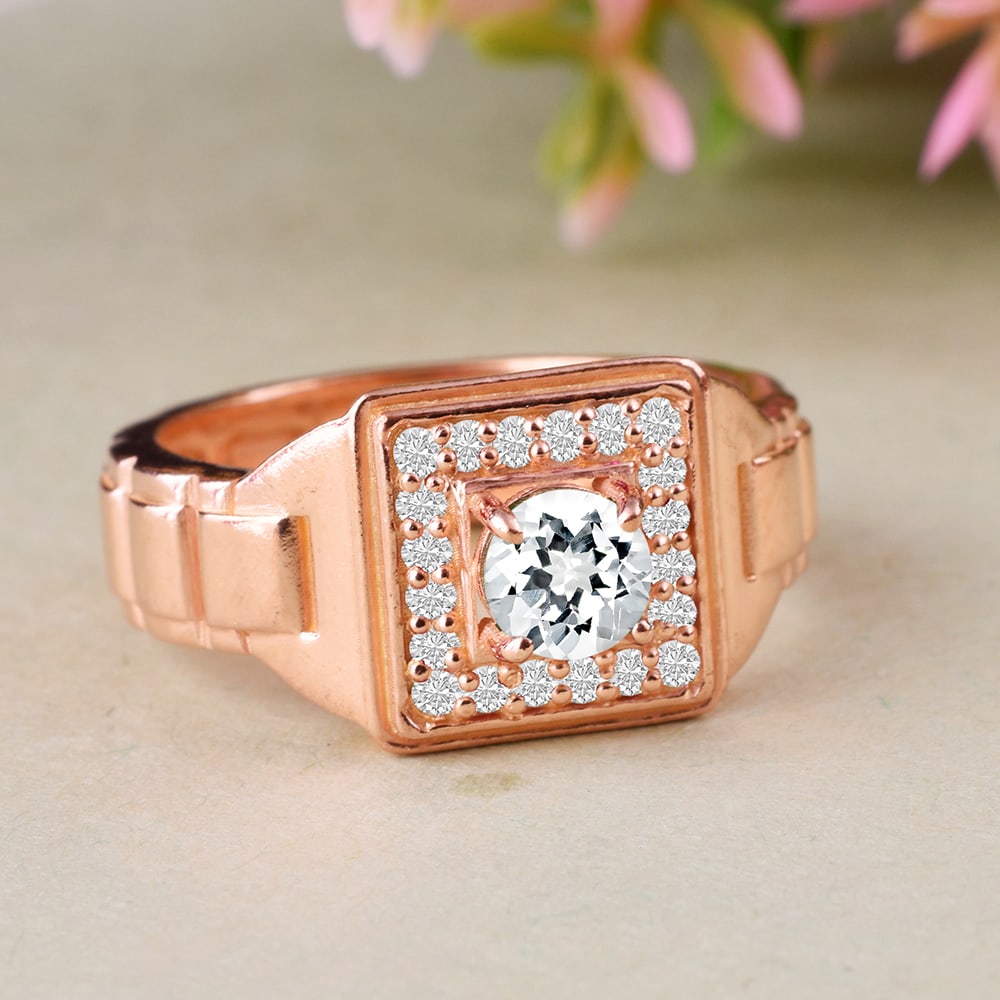 Natural White Topaz & Diamond 14 KT Rose Gold Ring: Natural White Topaz & Diamond 14 KT Rose Gold Ring Jewelry Type : Ring Main Stone : White Topaz & Diamond Main Stone Shape & Size : Round 4.5 MM Main Stone Color : White Diamond Shape & Size : Roun