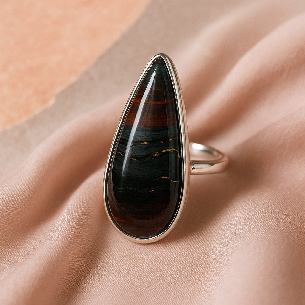 IRON TIGER 925 STERLING SILVER RING: IRON TIGER 925 STERLING SILVER RING Product Type : RING Main Stone : IRON TIGER Main Stone Shape : PEAR Main Stone Size : 32x12 MM Main Stone Color : MULTICOLOR Metal : STERLING SILVER Metal Purity : 