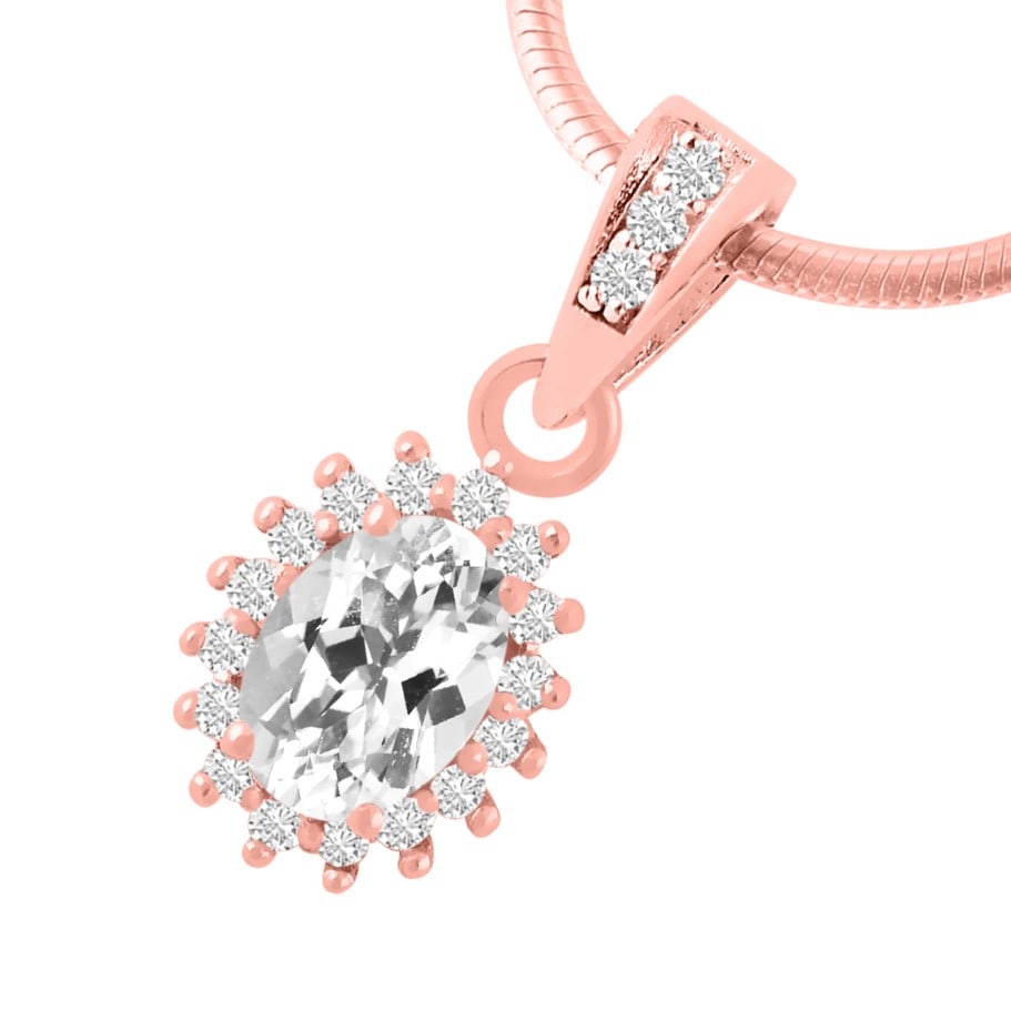 Natural White Topaz & Diamond 14 KT Rose Gold Pendant: Natural White Topaz & Diamond 14 KT Rose Gold Pendant Jewelry Type : Pendant Main Stone : White Topaz & Diamond Main Stone Shape & Size : Oval 7x5 MM Main Stone Color : White Diamond Shape & Size :