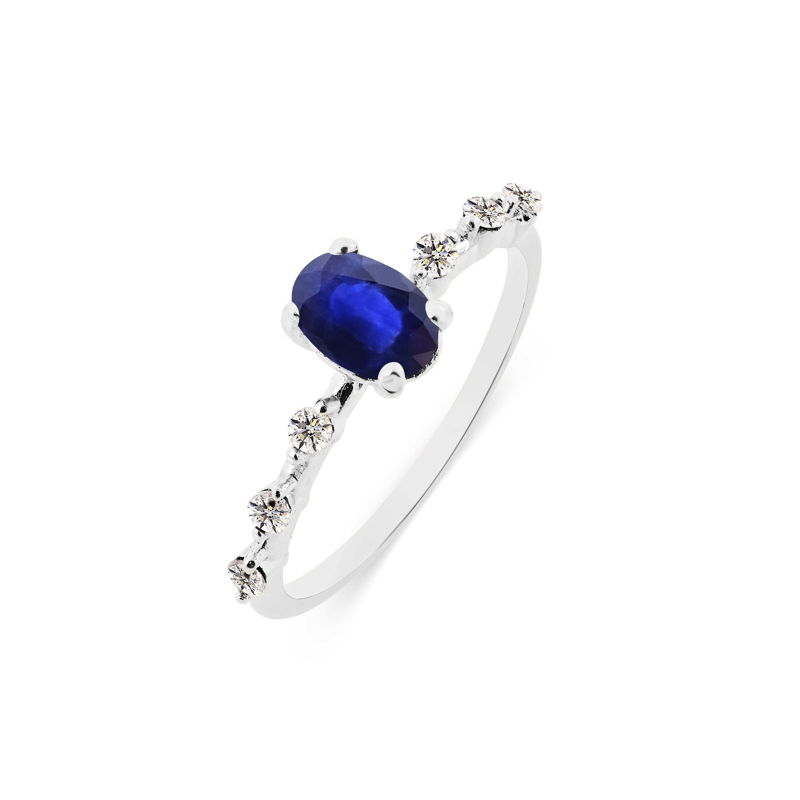 Natural Blue Sapphire & Diamond 14 KT White Gold Ring: Natural Blue Sapphire & Diamond 14 KT White Gold Ring Jewelry Type : Ring Main Stone : Blue Sapphire Main Stone Shape & Size : Oval 7x5 MM Main Stone Color : Blue Diamond Shape & Size : Round 2 MM<