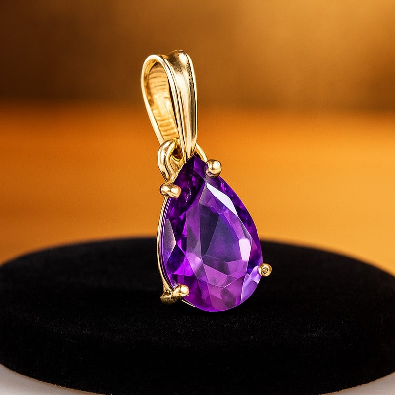 NATURAL AMETHYST GEMSTONE 14KT YELLOW GOLD HANDMADE PENDANT JEWELRY: NATURAL AMETHYST GEMSTONE 14KT YELLOW GOLD HANDMADE PENDANT JEWELRY GEMSTONE : AMETHYST STONE SHAPE : PEAR STONE SIZE : 6X8 MM STONE WEIGHT : 0.95 CTS METAL : YELLOW GOLD METAL PURITY : 14 KT