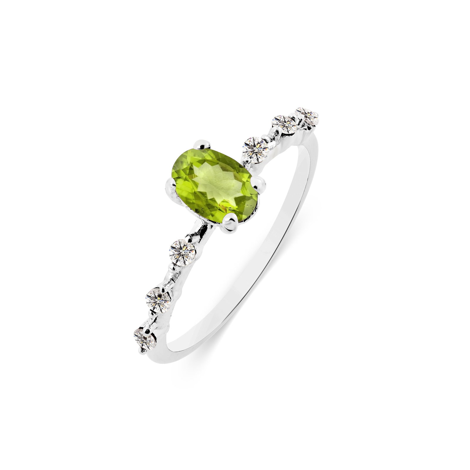 Natural Peridot & Diamond 14 KT White Gold Ring: Natural Peridot & Diamond 14 KT White Gold Ring Jewelry Type : Ring Main Stone : Peridot Main Stone Shape & Size : Oval 7x5 MM Main Stone Color : Green Diamond Shape & Size : Round 2 MM Diam