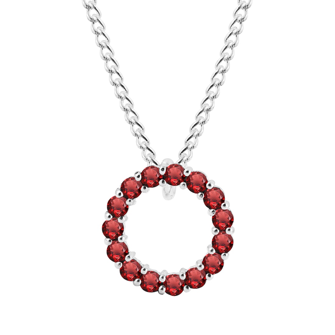 Natural Garnet 14 KT White Gold Pendant Ring Shape: Natural Garnet 14 KT White Gold Pendant Ring Shape Jewelry Type : Pendant Main Stone : Garnet Main Stone Shape & Size : Round 2 MM (15 PIECES) Main Stone Color : Red