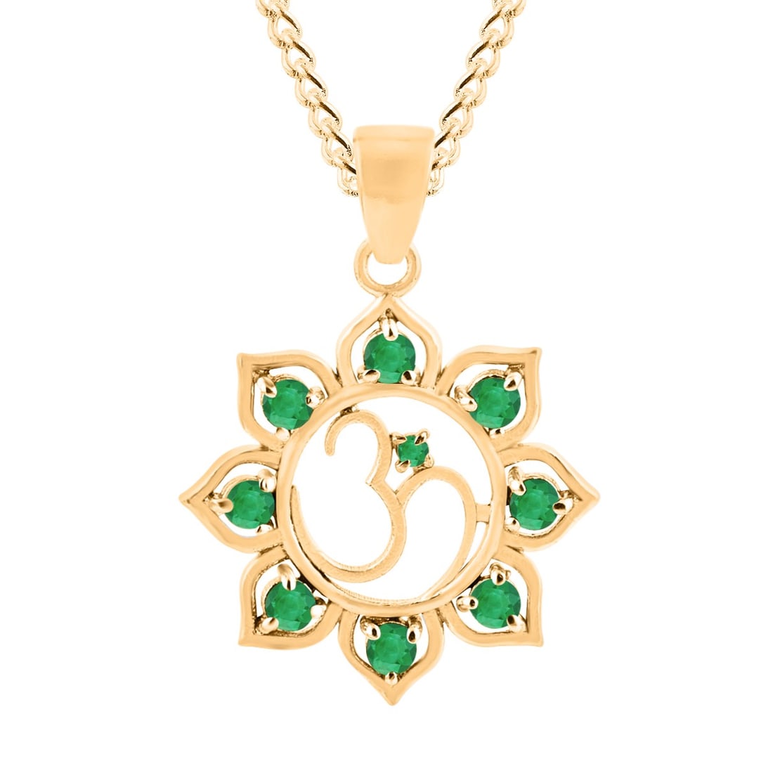 Natural Emerald 14 KT Yellow Gold Pendant: Natural Emerald 14 KT Yellow Gold Pendant Jewelry Type : Pendant Main Stone : Emerald Main Stone Shape & Size : Round 2 MM (9 PIECES) Main Stone Color : Green