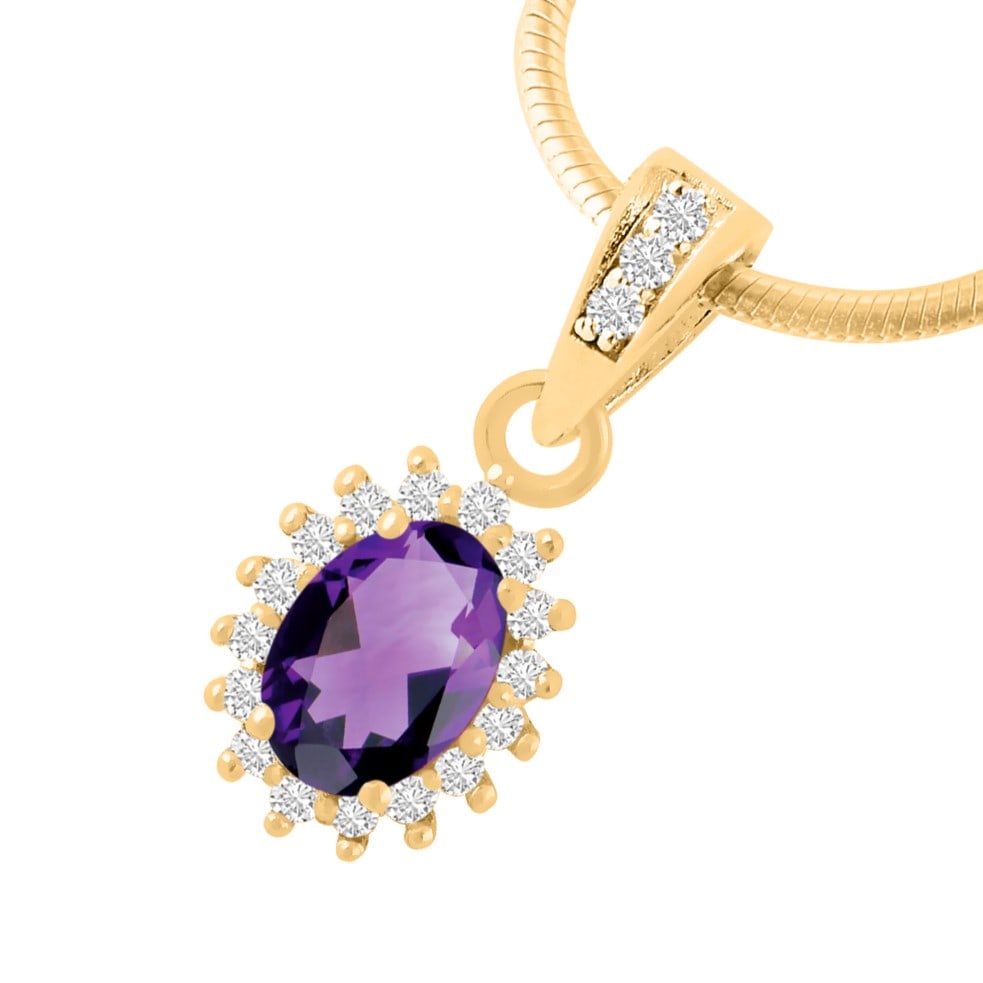 Natural Amethyst & Diamond 14 KT Yellow Gold Pendant: Natural Amethyst & Diamond 14 KT Yellow Gold Pendant Jewelry Type : Pendant Main Stone : Amethyst & Diamond Main Stone Shape & Size : Oval 7x5 MM Main Stone Color : Purple Diamond Shape & Size : Ro