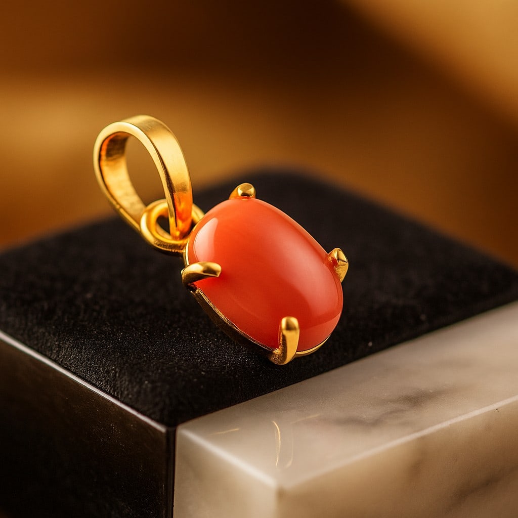 NATURAL RED CORAL GEMSTONE 14KT YELLOW GOLD HANDMADE PENDANT JEWELRY: NATURAL RED CORAL GEMSTONE 14KT YELLOW GOLD HANDMADE PENDANT JEWELRY GEMSTONE : RED CORAL STONE SHAPE : OVAL STONE SIZE : 7X5 MM STONE WEIGHT : 0.95 CTS METAL : YELLOW GOLD METAL PURITY : 14 KT<