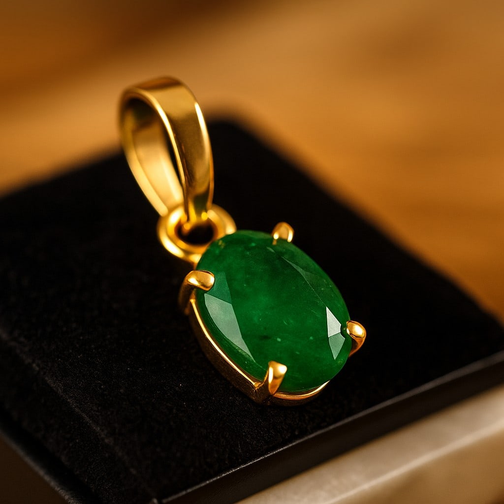 NATURAL EMERALD GEMSTONE 14KT YELLOW GOLD HANDMADE PENDANT JEWELRY: NATURAL EMERALD GEMSTONE 14KT YELLOW GOLD HANDMADE PENDANT JEWELRY GEMSTONE : EMERALD STONE SHAPE : OVAL STONE SIZE : 7X5 MM STONE WEIGHT : 0.95 CTS METAL : YELLOW GOLD METAL PURITY : 14 KT<