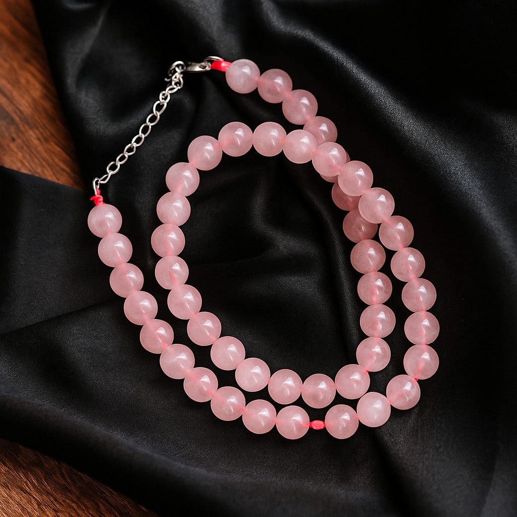 Natural Rose Quartz 8 MM Round Smooth Beads Necklace: Natural Rose Quartz 8 MM Round Smooth Beads Necklace Gemstone : Rose Quartz Shape : Round Beads Beads Size : 8 MM Beads Type : Smooth Necklace Length : 17.5 Inches + 2.5 Inches Adjustable Chain