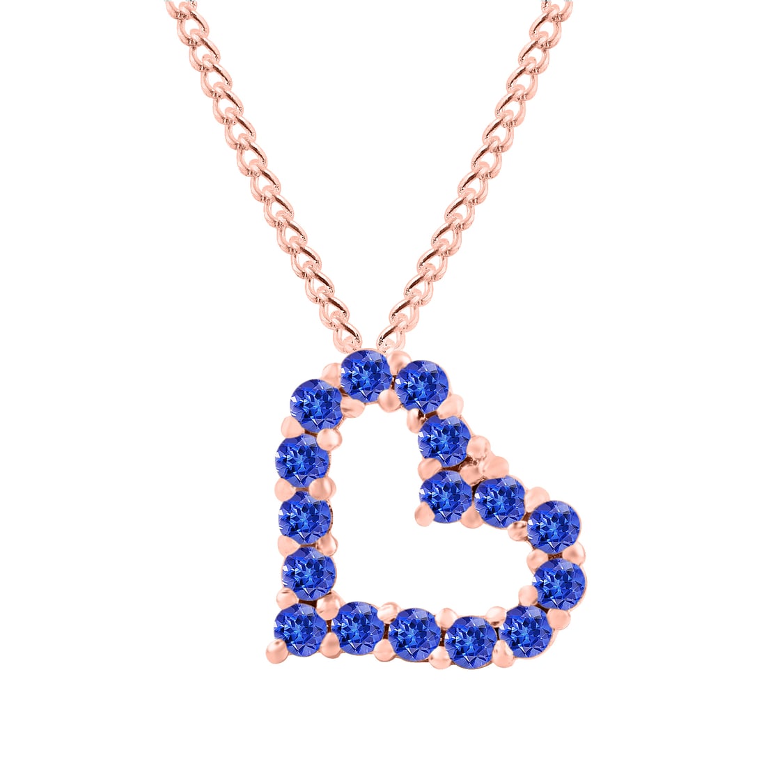 Natural Tanzanite 14 KT Rose Gold Heart Pendant: Natural Tanzanite 14 KT Rose Gold Heart Pendant Jewelry Type : Pendant Main Stone : Tanzanite Main Stone Shape & Size : Round 2 MM (16 PIECES) Main Stone Color : Blue