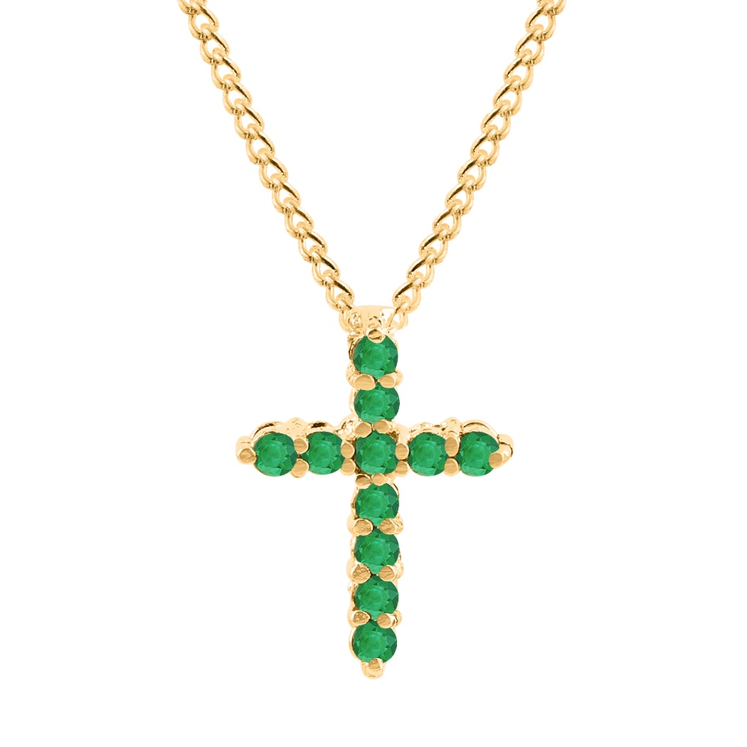 Natural Emerald 14 KT Yellow Gold Cross Pendant: Natural Emerald 14 KT Yellow Gold Cross Pendant Jewelry Type : Pendant Main Stone : Emerald Main Stone Shape & Size : Round 1.50 MM (11 PIECES) Main Stone Color : Green