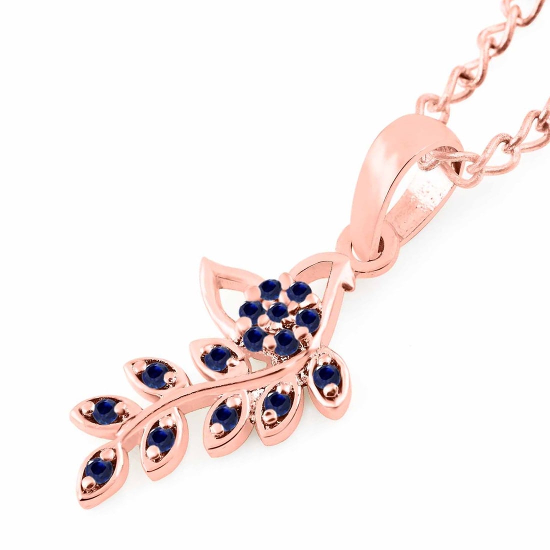 Natural Blue Sapphire 14 KT Rose Gold Pendant: Natural Blue Sapphire 14 KT Rose Gold Pendant Jewelry Type : Pendant Main Stone : Blue Sapphire Main Stone Shape & Size : Round 1.25 MM (15 Pieces) Main Stone Color : Blue