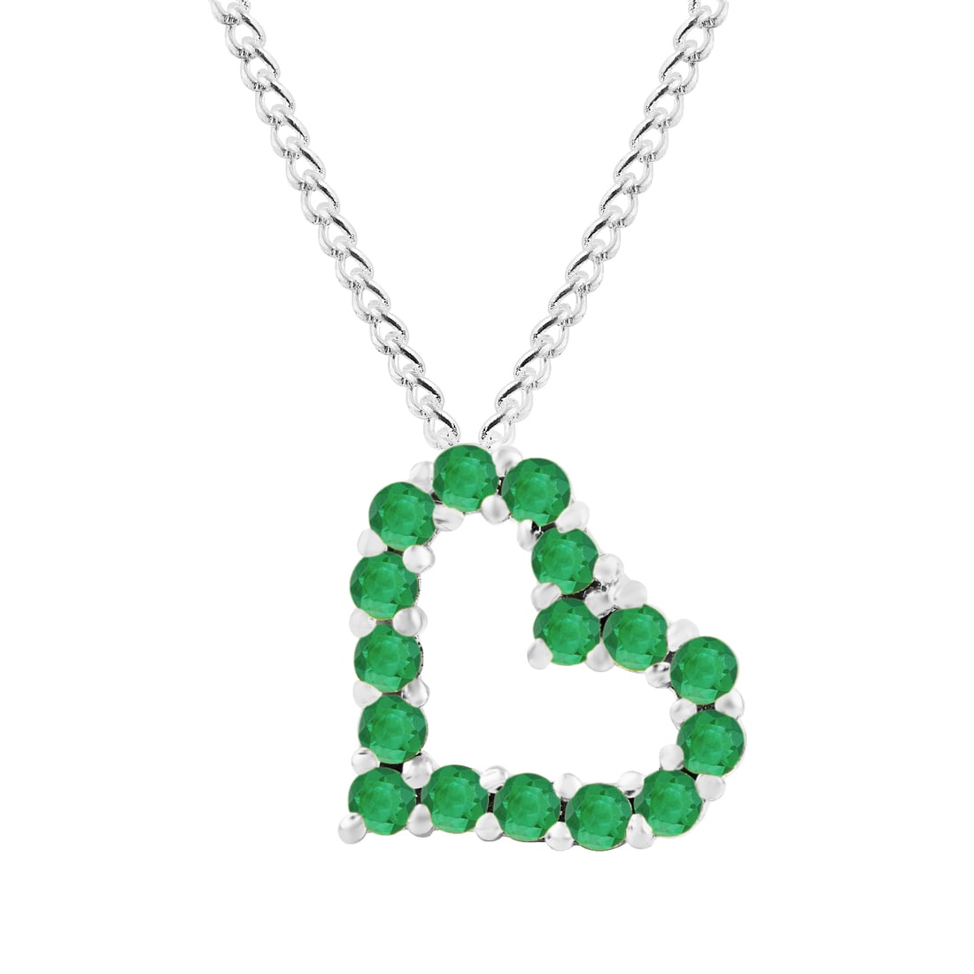Natural Emerald 14 KT White Gold Heart Pendant: Natural Emerald 14 KT White Gold Heart Pendant Jewelry Type : Pendant Main Stone : Emerald Main Stone Shape & Size : Round 2 MM (16 PIECES) Main Stone Color : Green