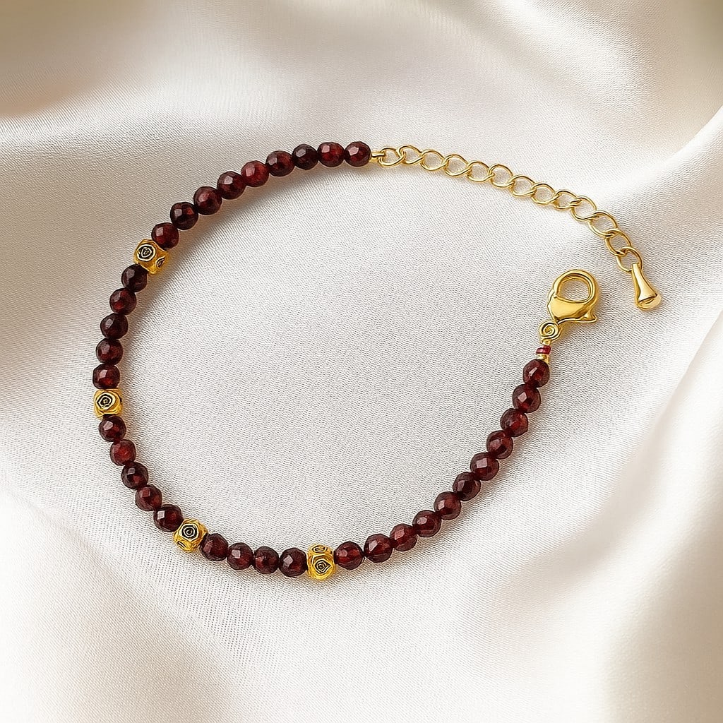 Natural Garnet Micro Faceted Beads Bracelet: Natural Garnet Gemstone Round Micro Faceted Beads Bracelet Jewelry Type : Bracelet Gemstone : Garnet Gemstone Shape and Size : Round 3 MM Bracelet Length : 6.5+2 Inches Extra Adjustable Chain